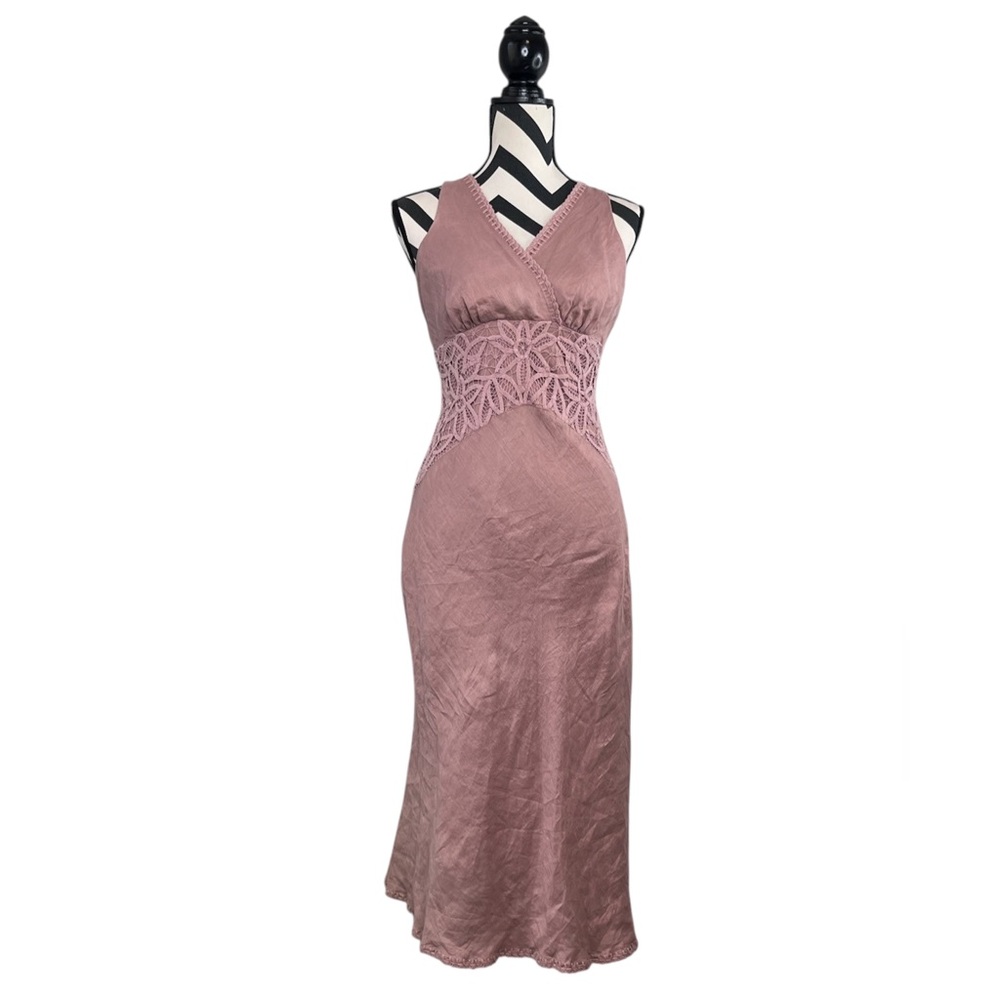 Caroll Sz S Dusty Rose Cottagecore Embroidered Crotchet 100% Linen Slip Dress